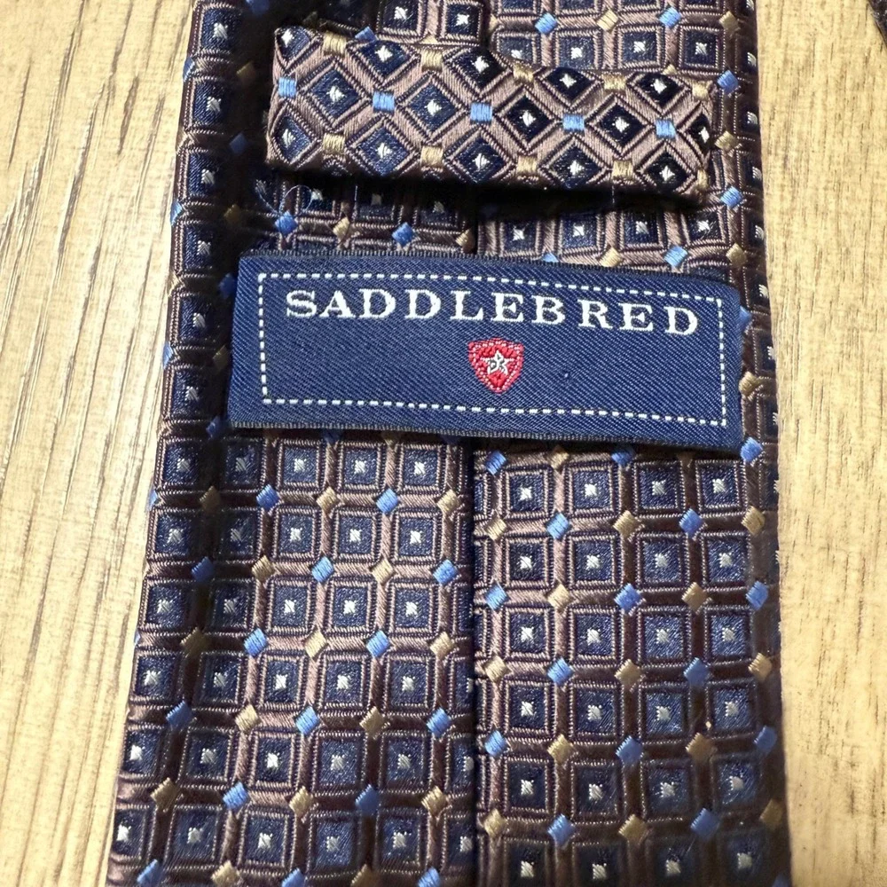 Saddlebred Mens‎ Brown Blue Silk Blend Geometric Pattern Necktie Formal